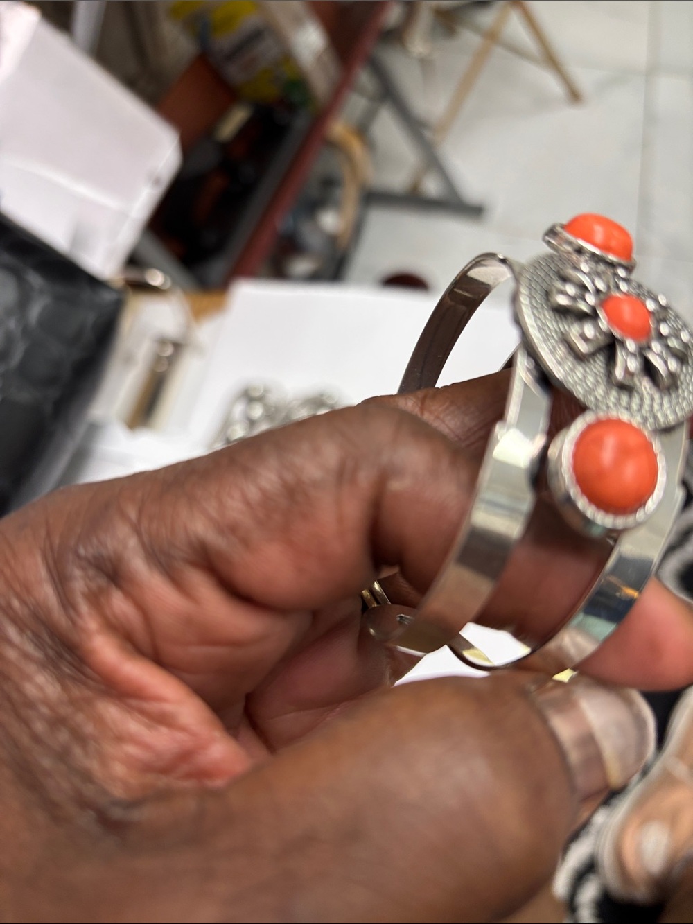 Silver-Tone Bracelet with Coral Cabochons -Ring/Bracelet